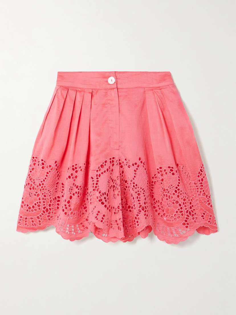 Thierry Colson Kenya Pleated Broderie Anglaise Cotton And Silk-blend Shorts