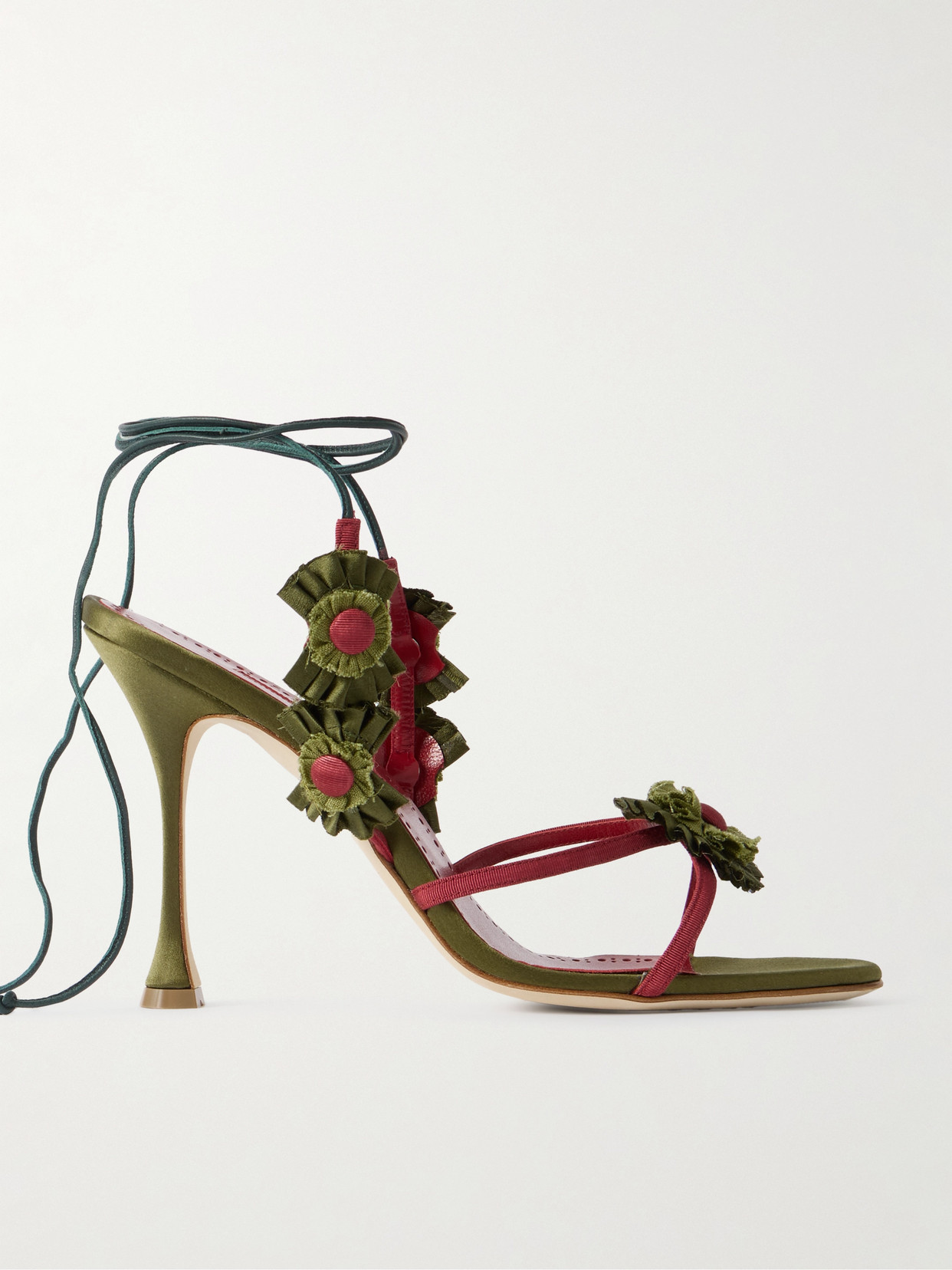 Manolo Blahnik Palissot Leather-trimmed Appliquéd Grosgrain And Satin Sandals In Gray