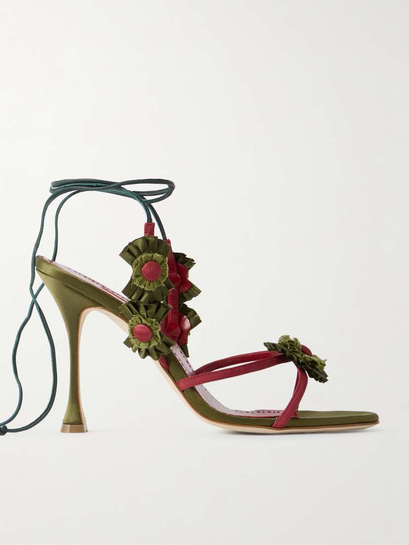 Manolo Blahnik Palissot Leather-trimmed Appliquéd Grosgrain And Satin Sandals