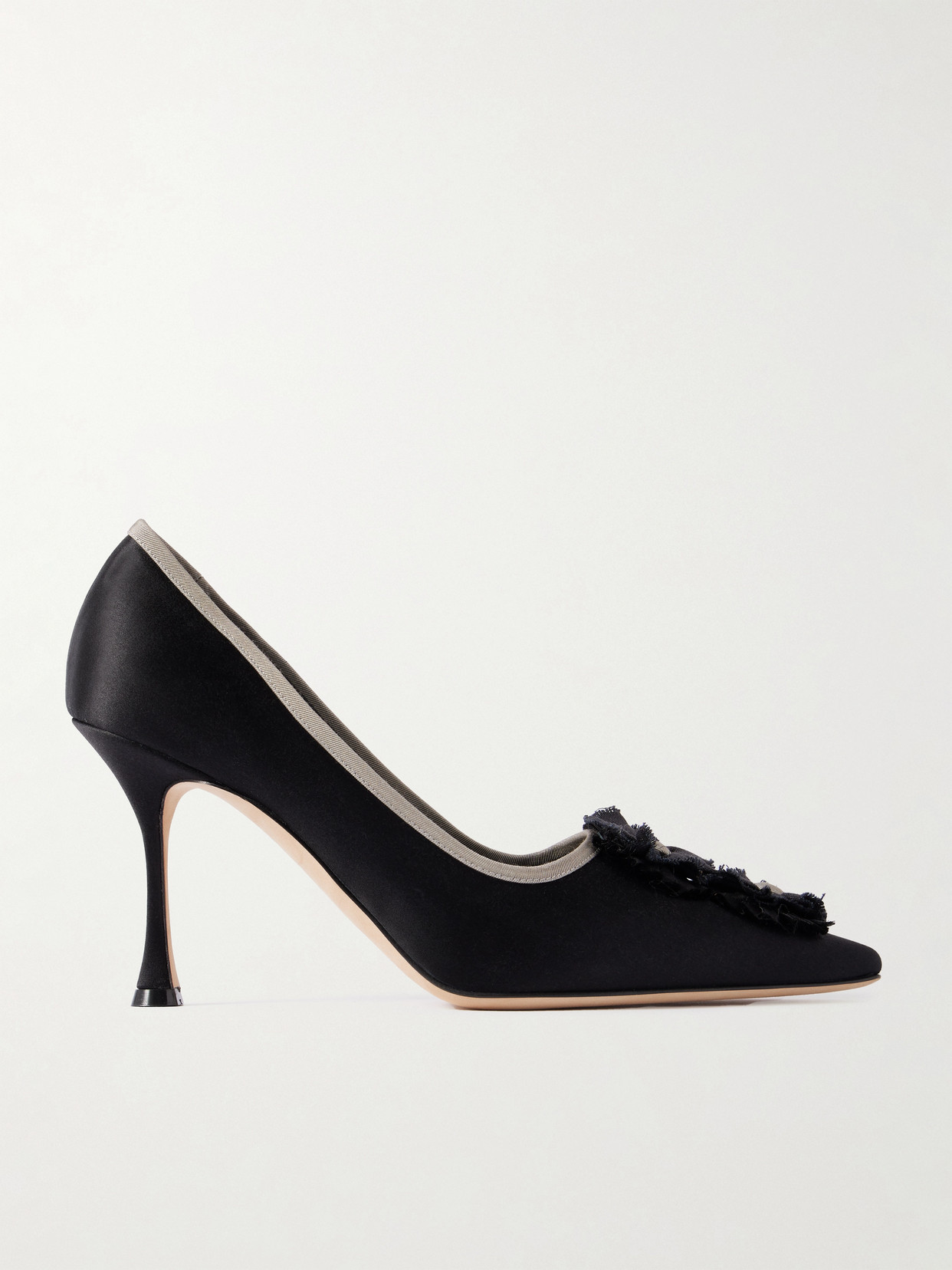 Manolo Blahnik Montmedy 95 Grosgrain-trimmed Appliquéd Satin Pumps In Black