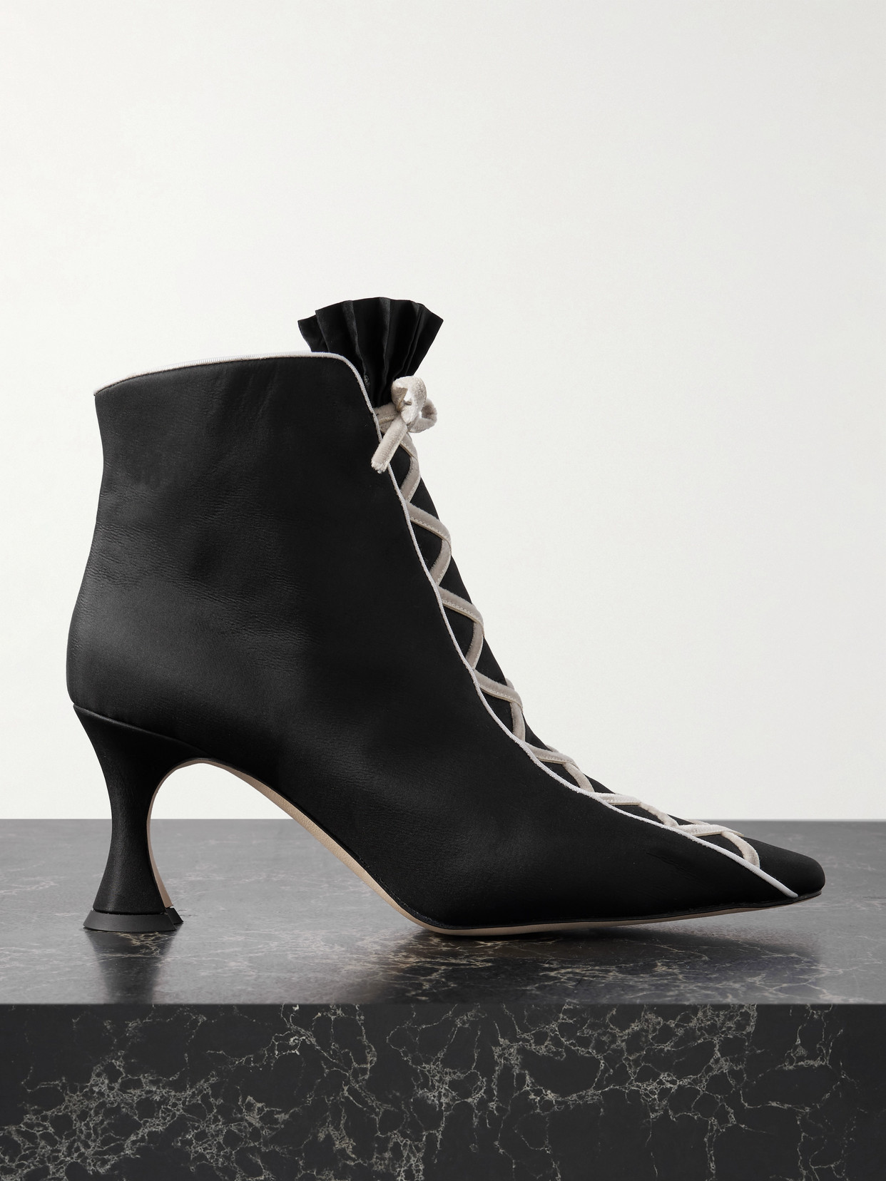 Manolo Blahnik Nolhac 70 Ruffled Velvet-trimmed Silk Ankle Boots In Black