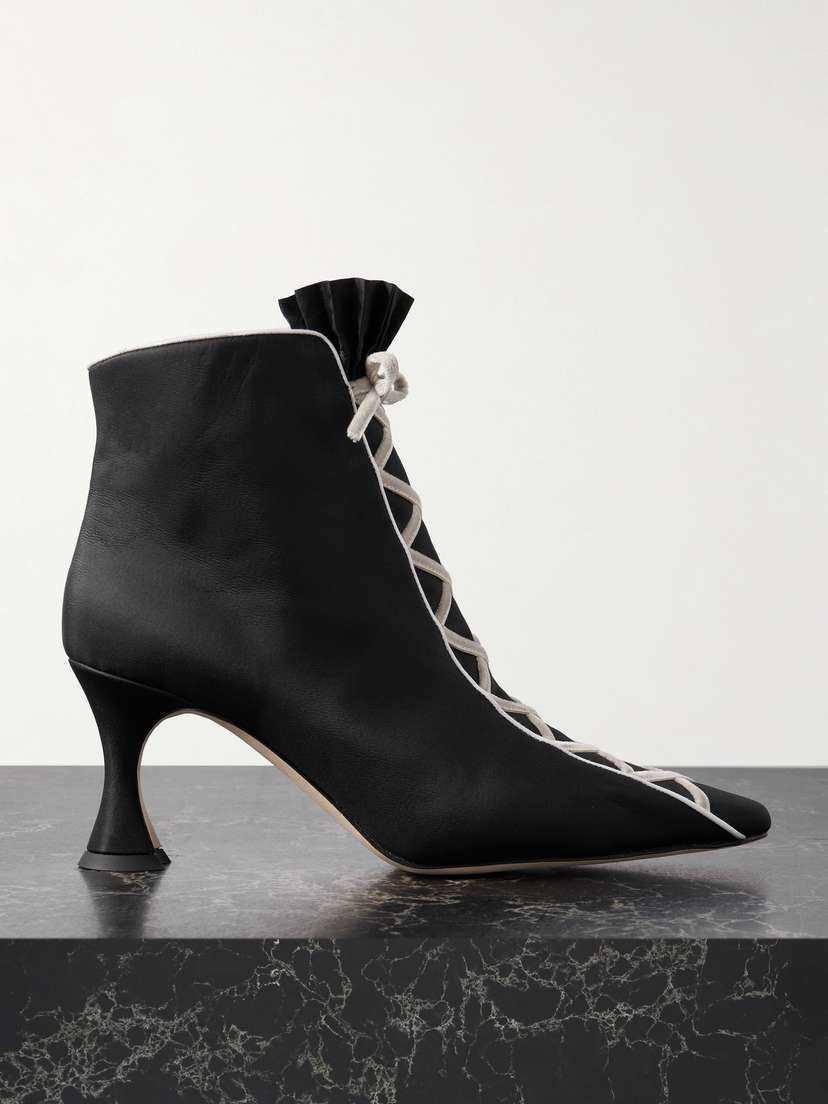 Manolo Blahnik Nolhac 70 Ruffled Velvet-trimmed Silk Ankle Boots