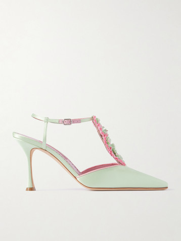 MANOLO BLAHNIK Hebes 90 appliquéd satin Mary Jane pumps