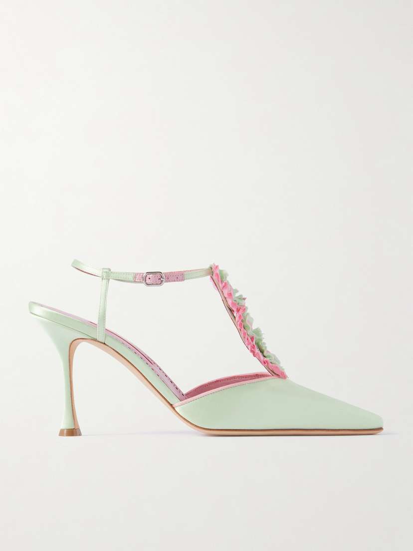 Manolo Blahnik Hebes 90 Appliquéd Satin Mary Jane Pumps