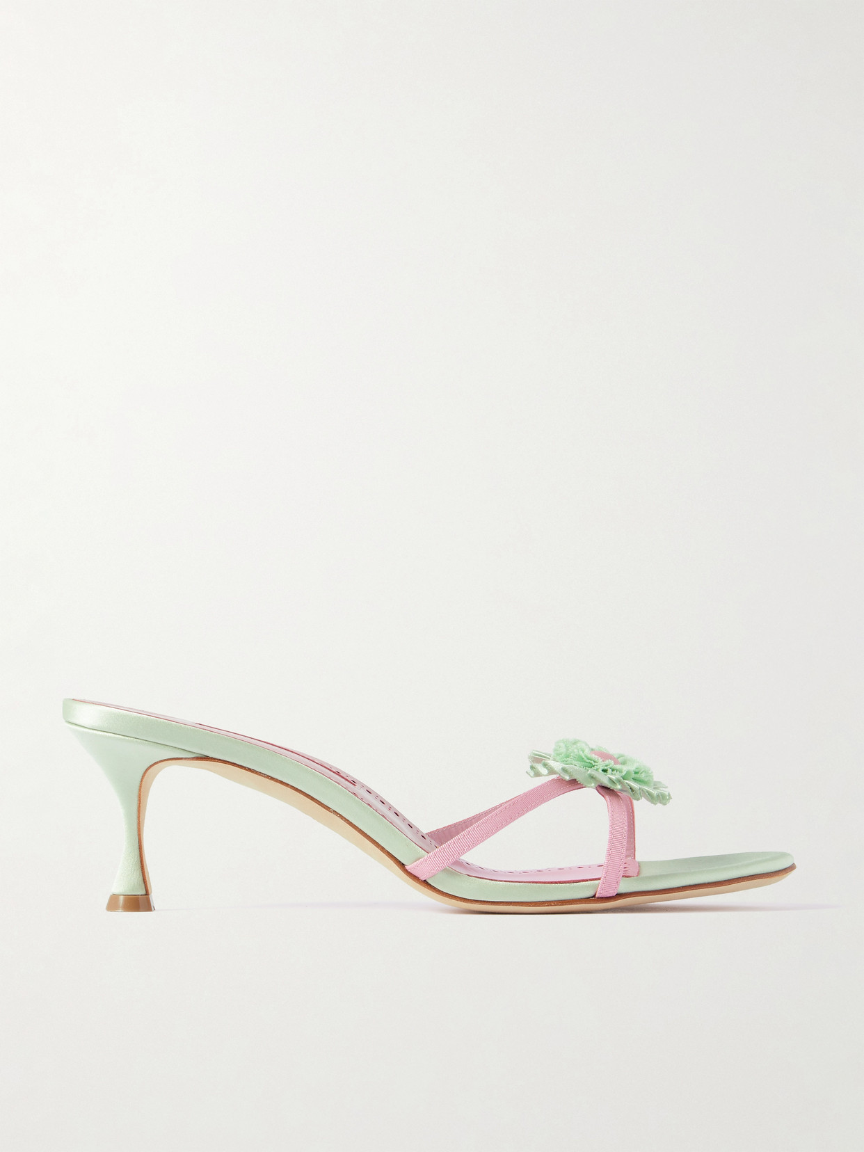 Manolo Blahnik Paliss 50 Appliquéd Satin Mules In Green