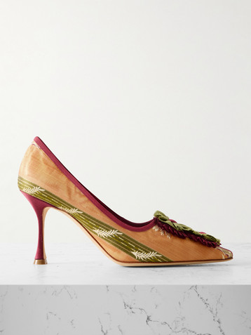 MANOLO BLAHNIK Montmedy 90 appliquéd embroidered striped satin pumps