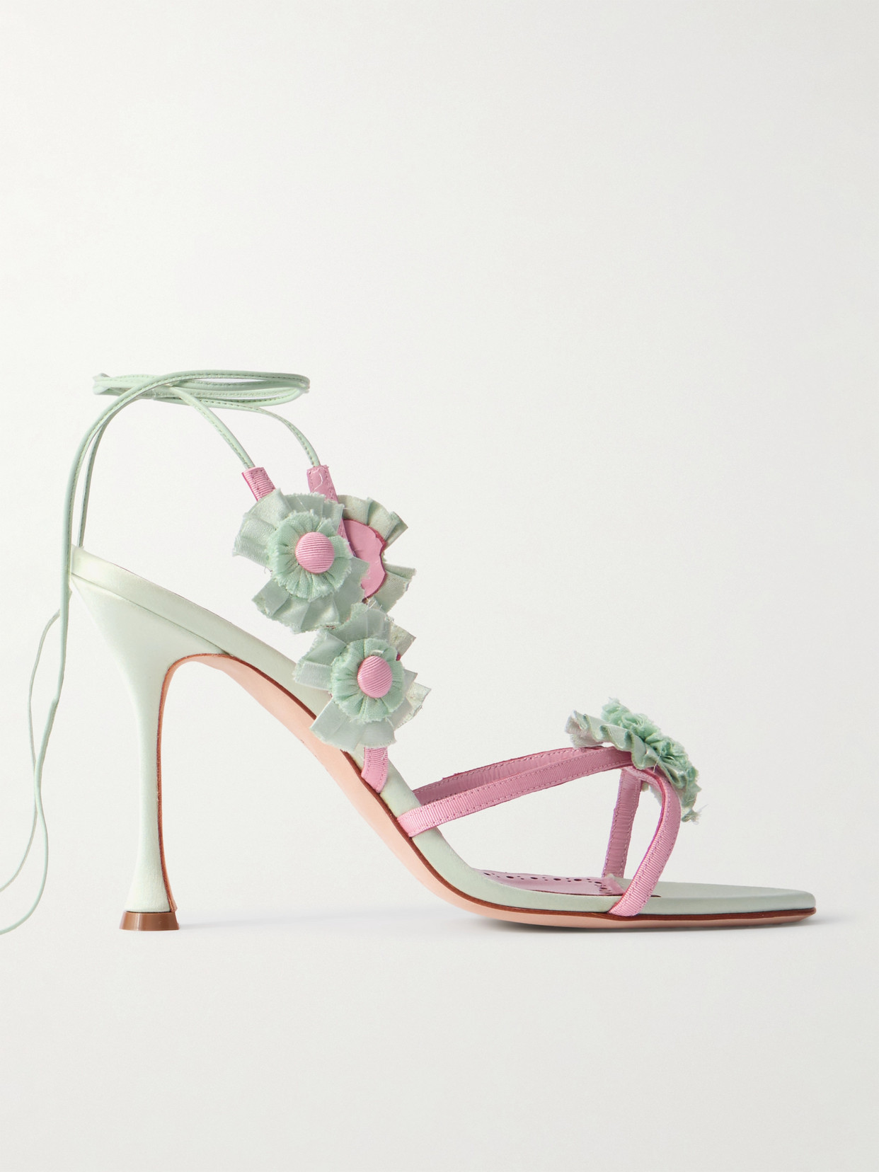 Manolo Blahnik Palissot Leather-trimmed Appliquéd Grosgrain And Satin Sandals In Green