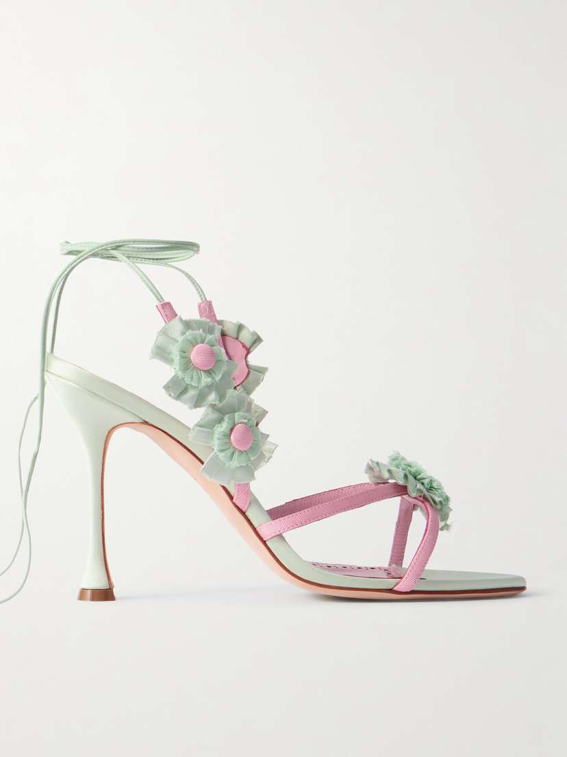 Manolo Blahnik Palissot Leather-trimmed Appliquéd Grosgrain And Satin Sandals