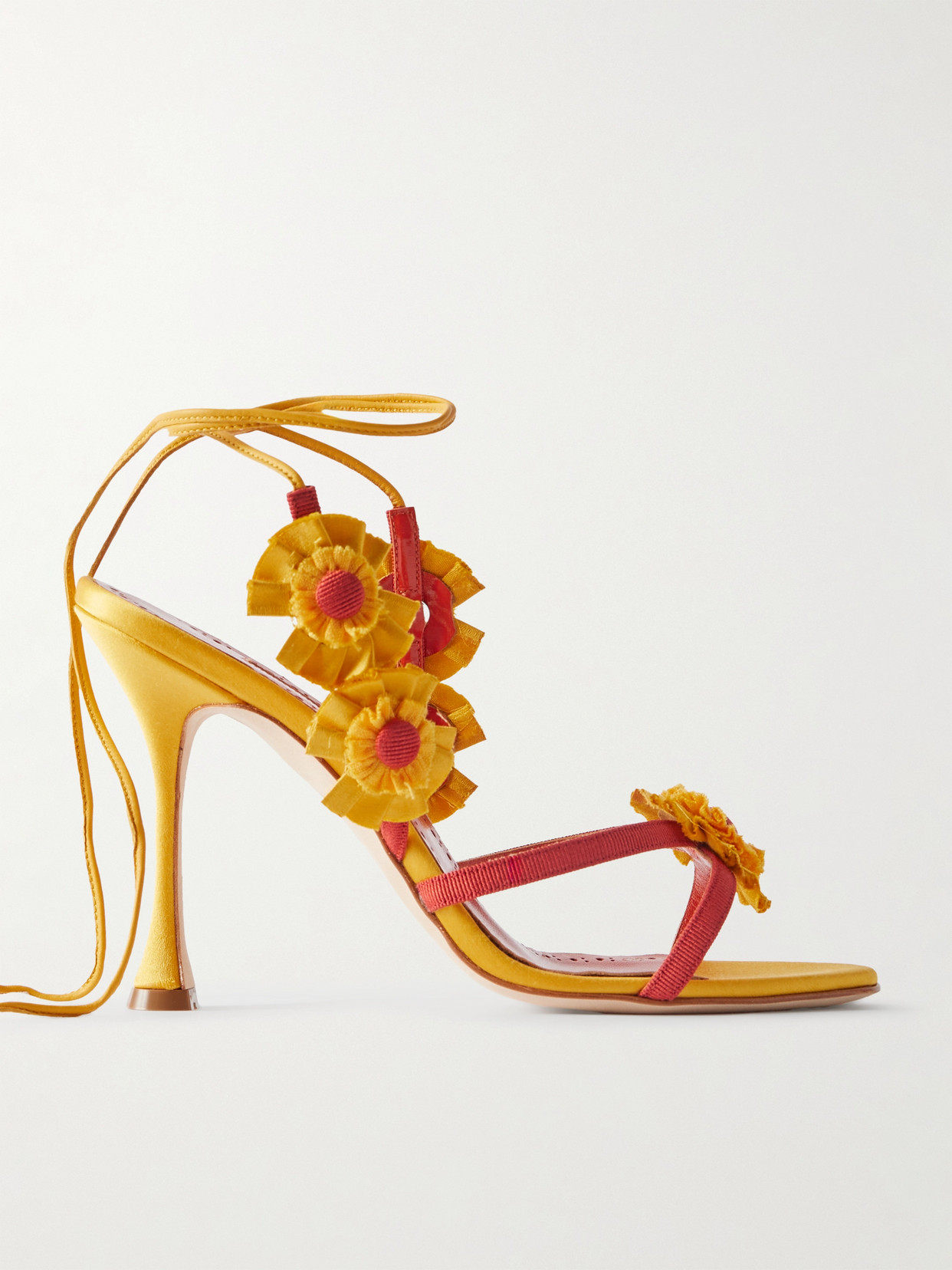 Manolo Blahnik Palissot Leather-trimmed Appliquéd Grosgrain And Satin Sandals In Yellow