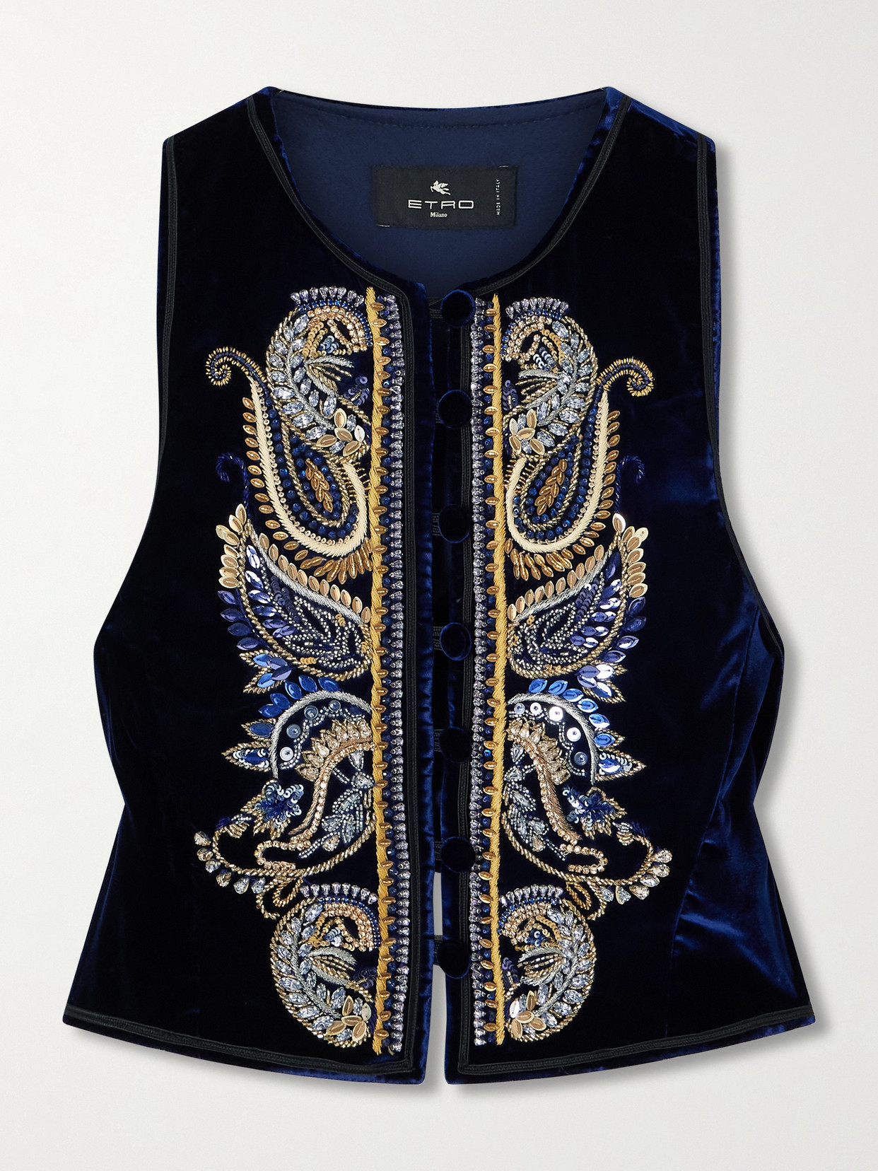 Etro Embroidered Embellished Velvet Vest In Blue