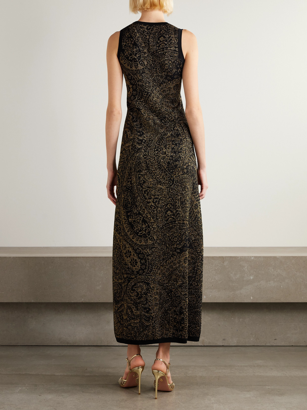 Etro Long Dress In Wool-blend Jacquard With Metallic Paisley Motif In Black