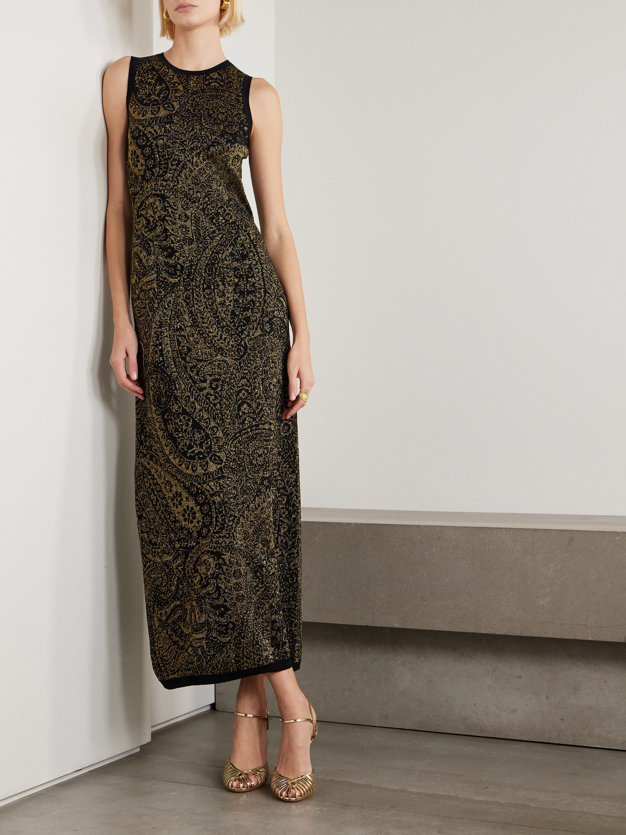 Etro Long Dress In Wool-blend Jacquard With Metallic Paisley Motif In Black