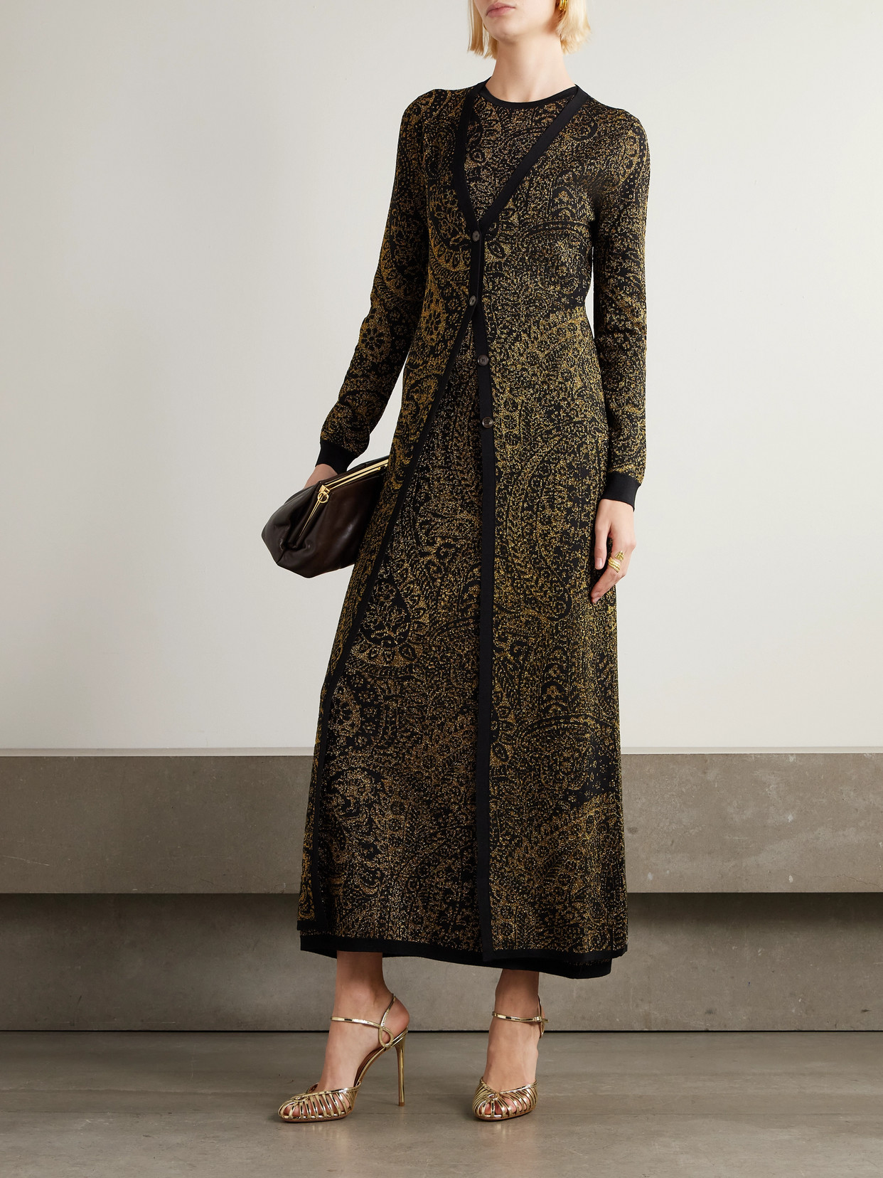 Etro Long Dress In Wool-blend Jacquard With Metallic Paisley Motif In Black