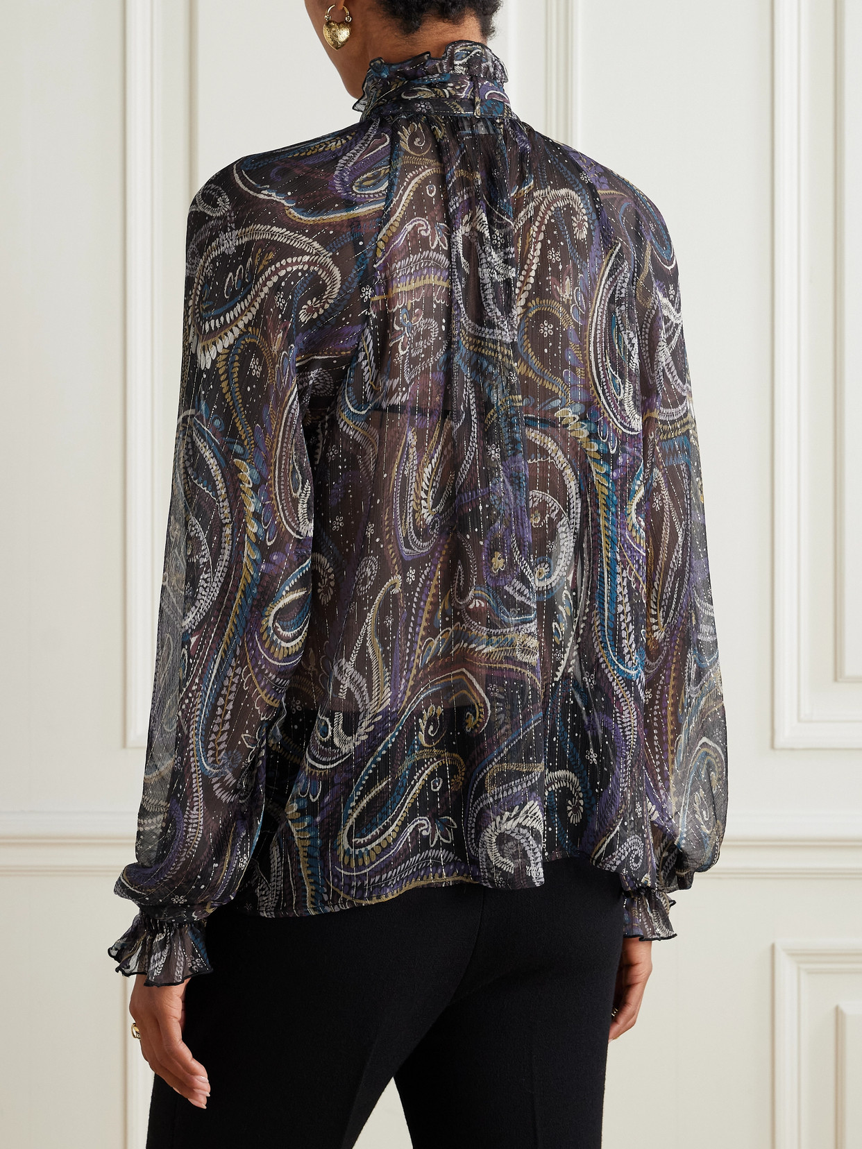 Etro Pussy-bow Printed Metallic Silk-crepon Blouse In Blue