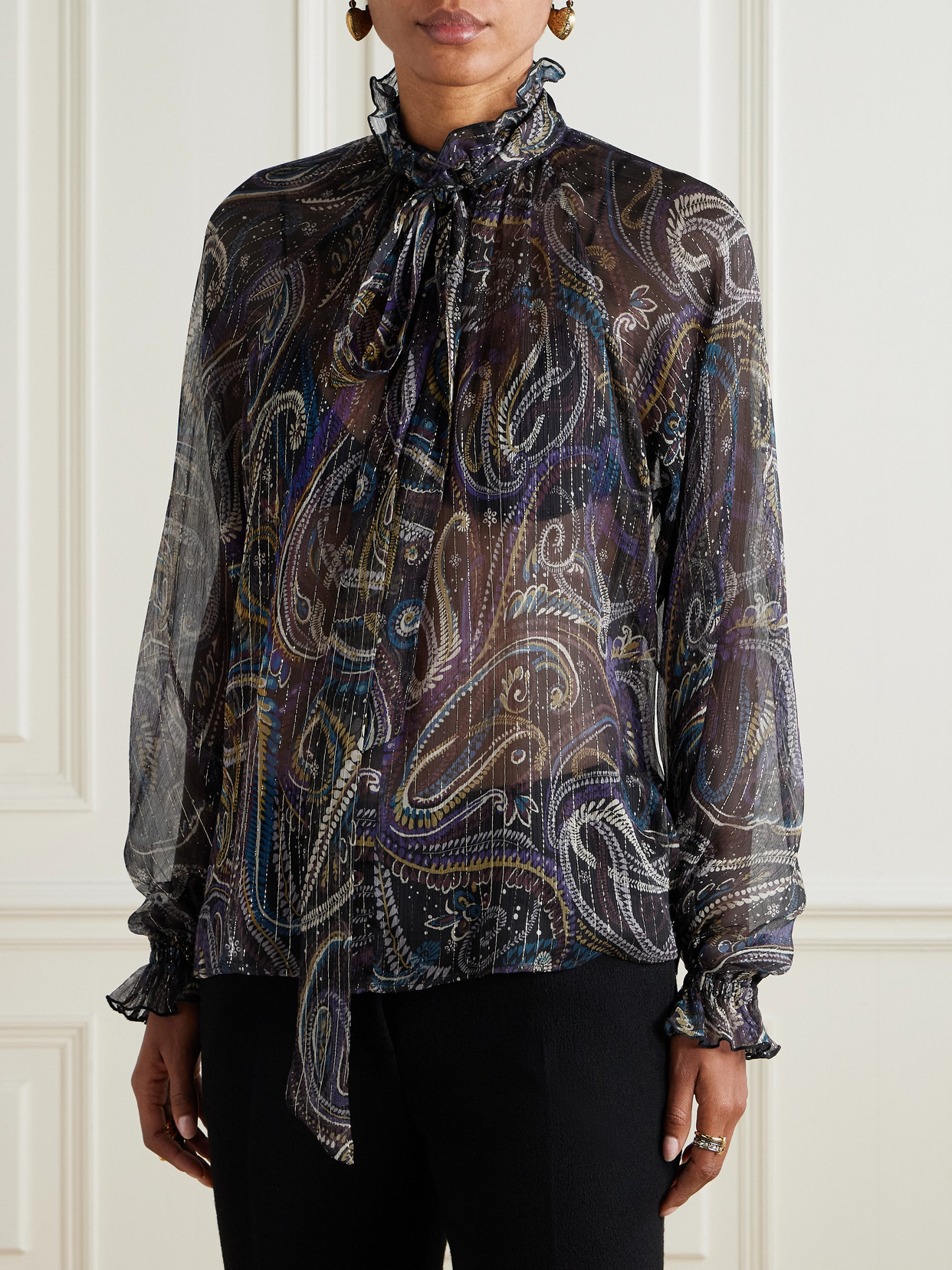 Etro Pussy-bow Printed Metallic Silk-crepon Blouse In Blue