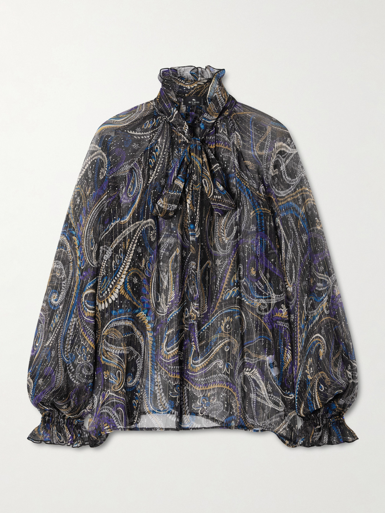 Etro Pussy-bow Printed Metallic Silk-crepon Blouse In Blue