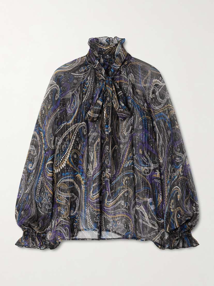 Etro Pussy-bow Printed Metallic Silk-crepon Blouse
