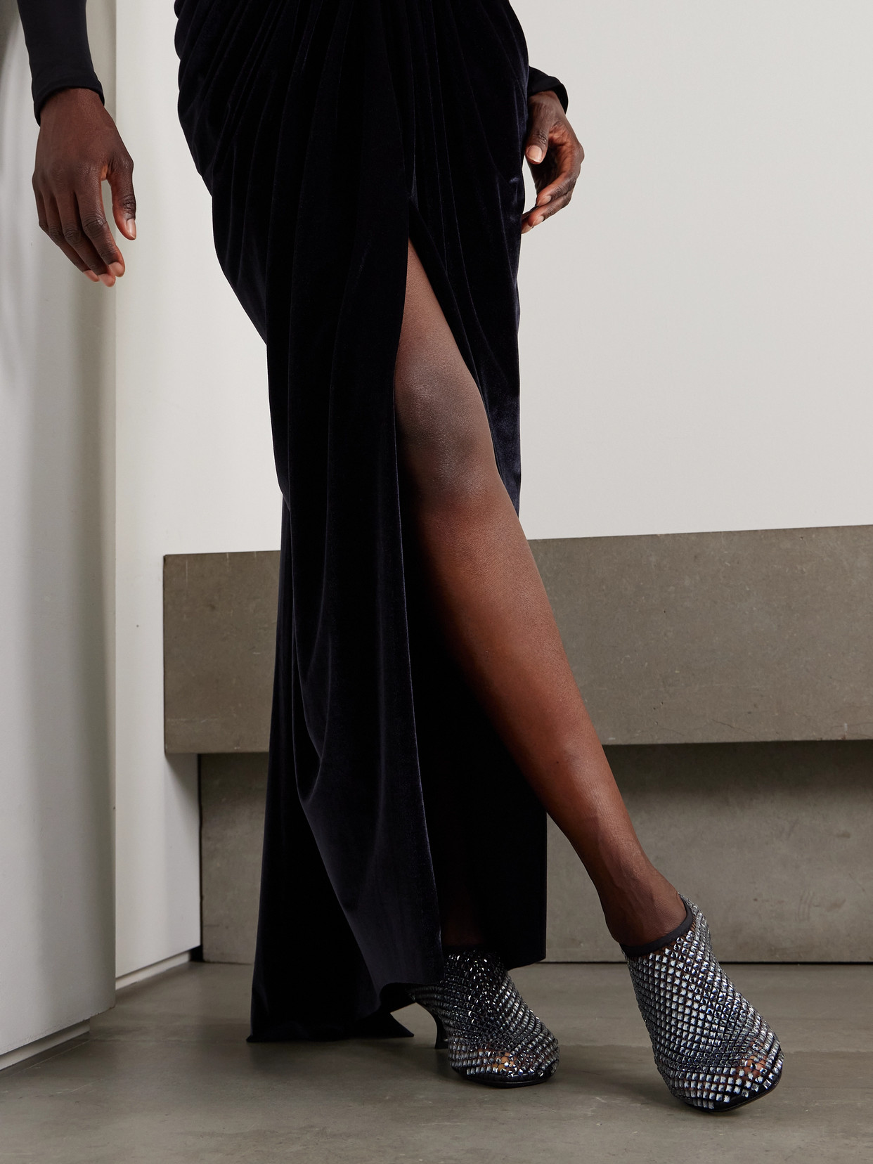 Minette Leather-Trimmed Crystal-Embellished Pumps
