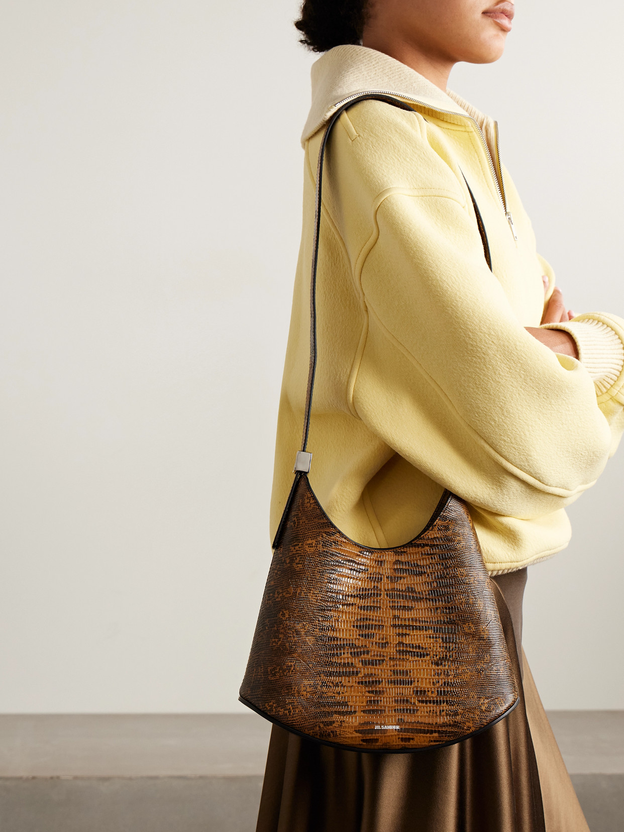Jil Sander Small Snake-effect Leather Shoulder Bag In Brown