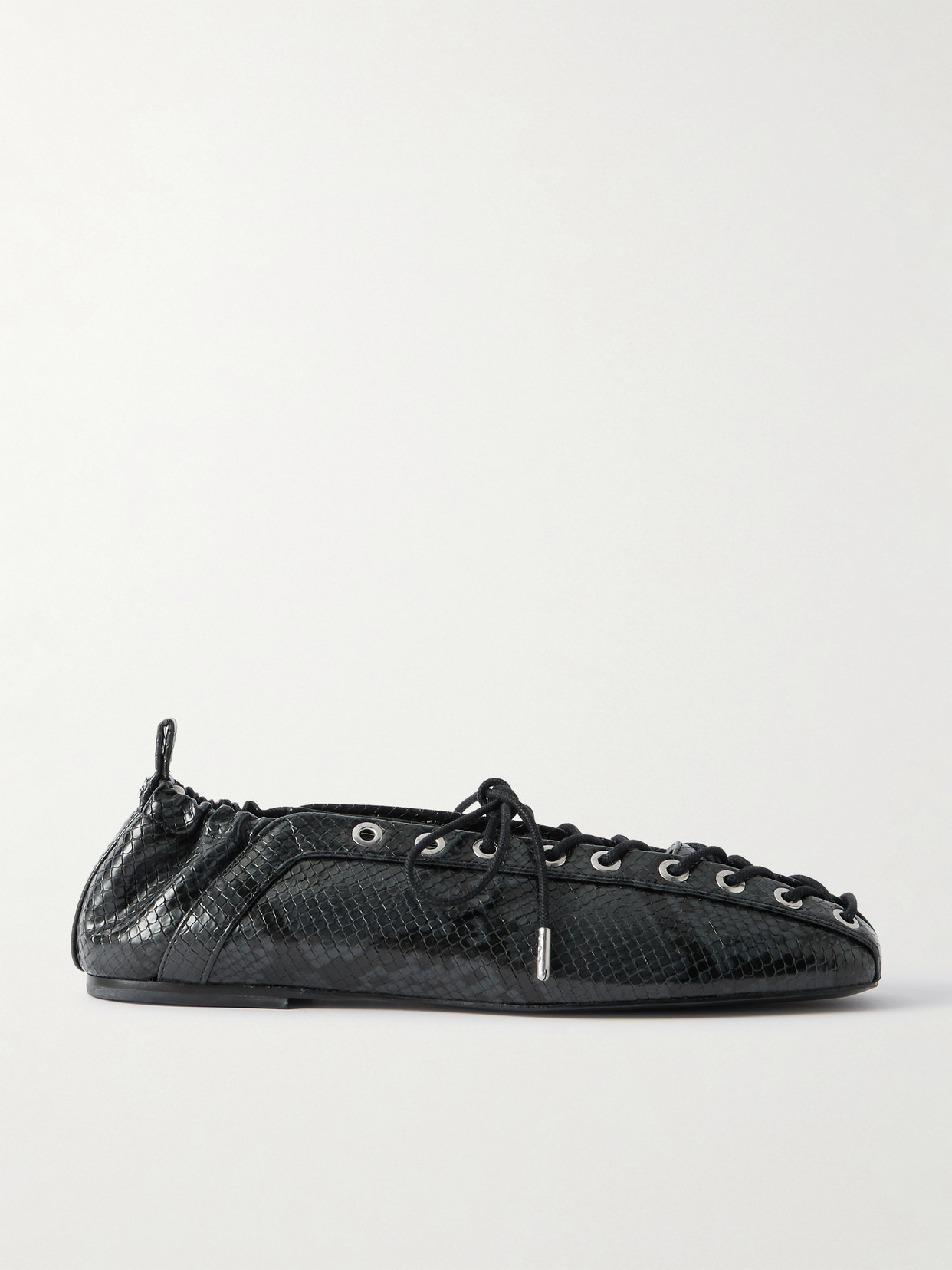 Ganni Lace-up Glossed Snake-effect Ballet Flats In Black