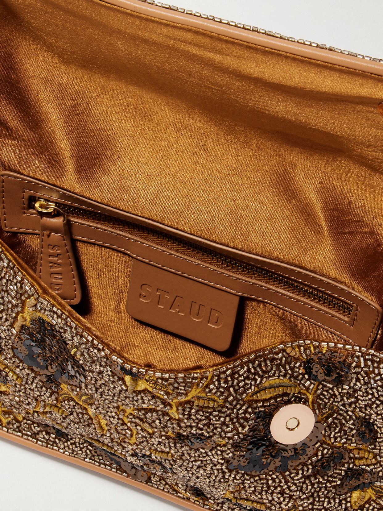 Staud Tommy Sequin-embellished Beaded Satin Shoulder Bag In Gold
