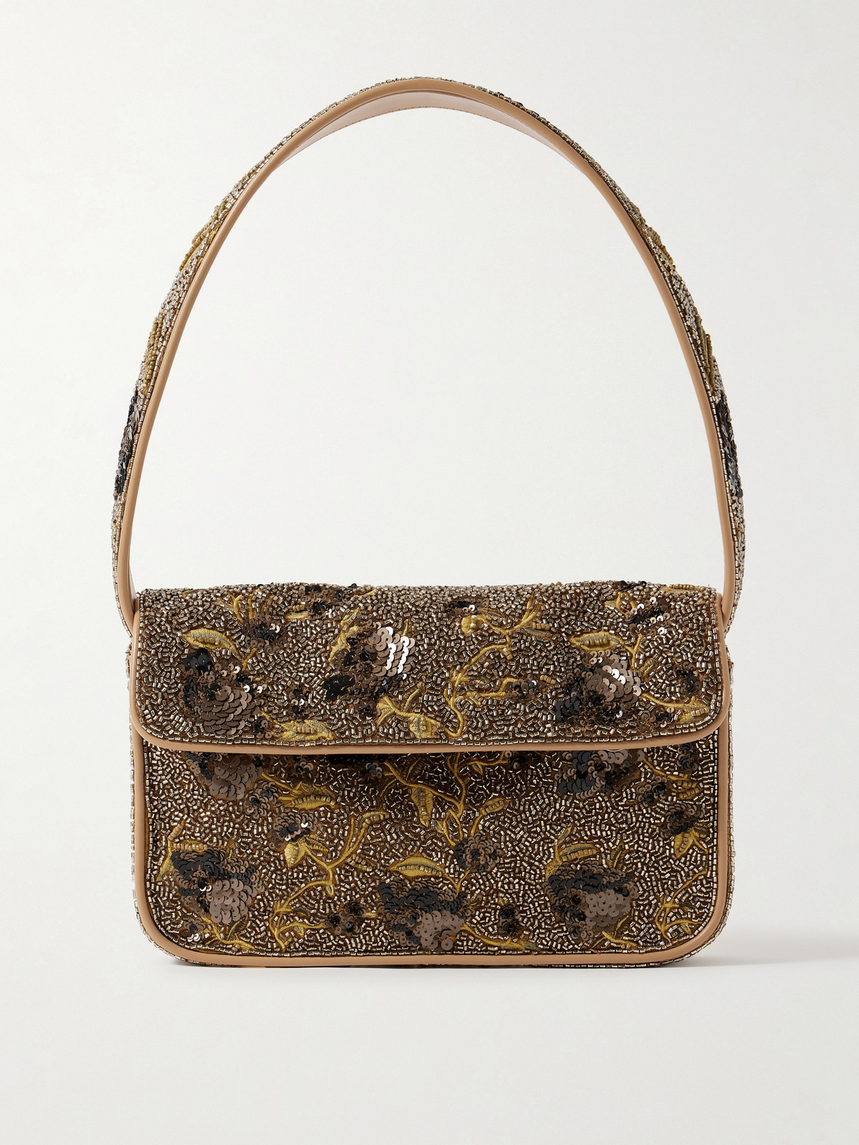 Staud Tommy Sequin-embellished Beaded Satin Shoulder Bag In Gold