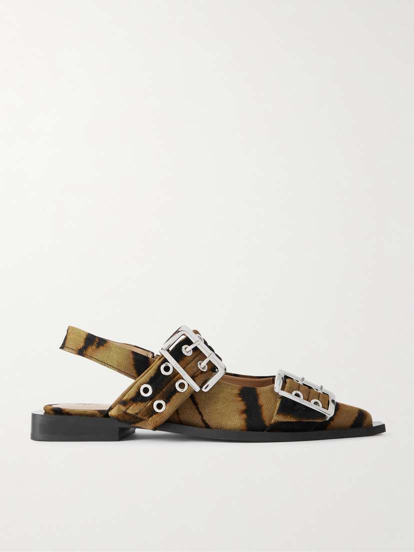 Ganni Embellished Zebra-print Brushed Cotton-blend Point-toe Slingback Flats