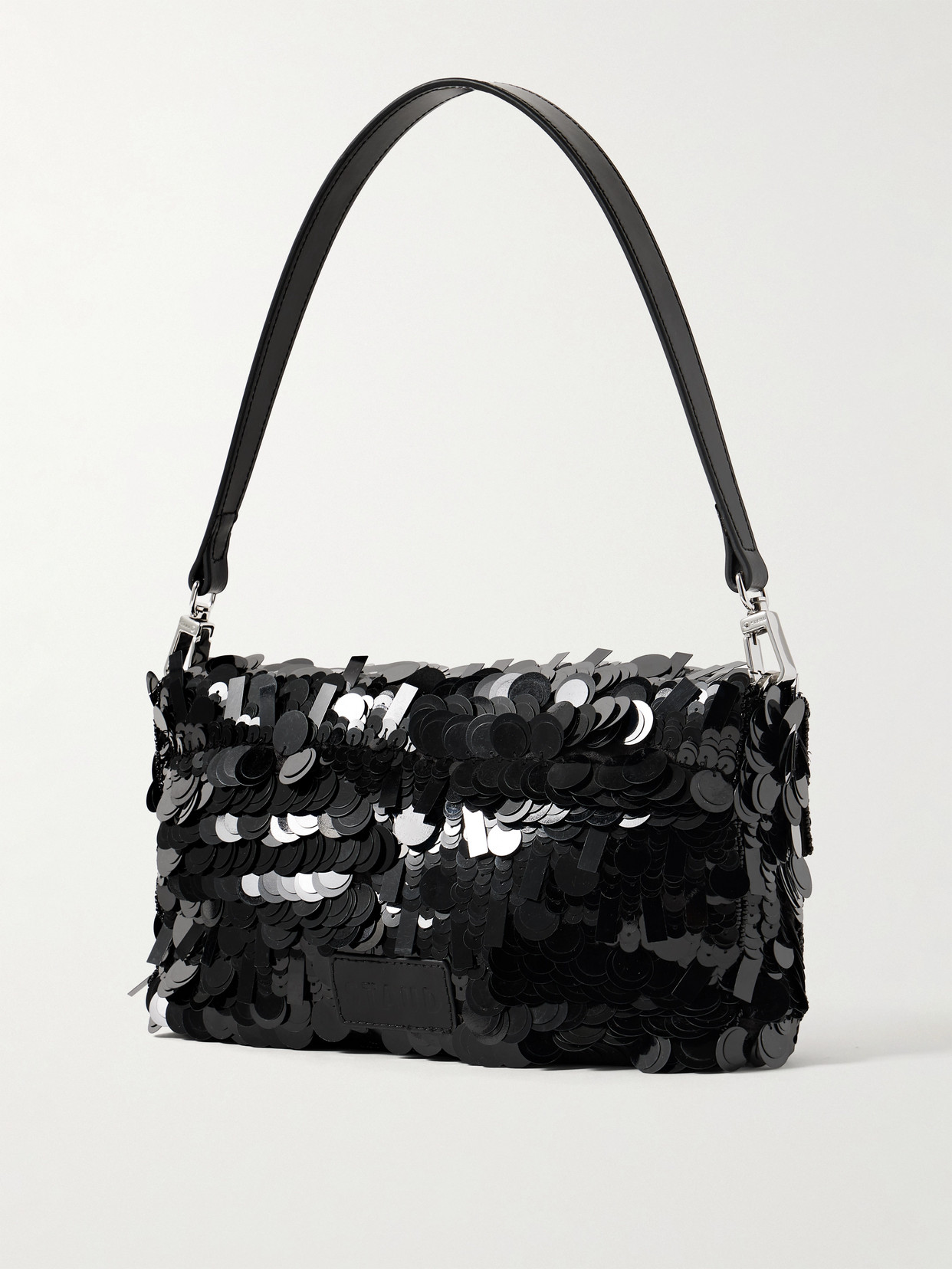 Staud Timmy Leather-trimmed Sequined Satin Shoulder Bag In Black