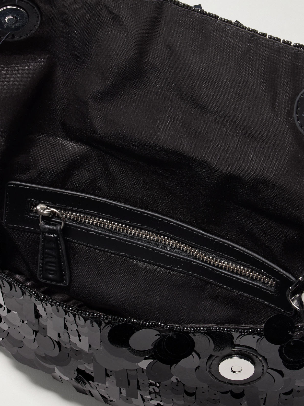 Staud Timmy Leather-trimmed Sequined Satin Shoulder Bag In Black