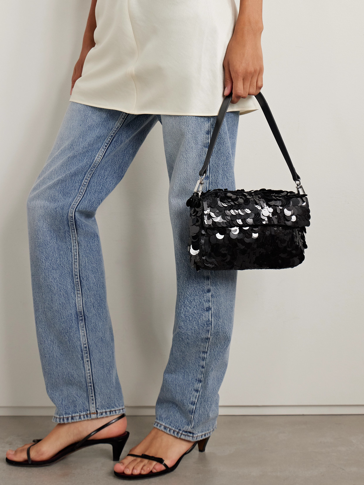 Staud Timmy Leather-trimmed Sequined Satin Shoulder Bag In Black