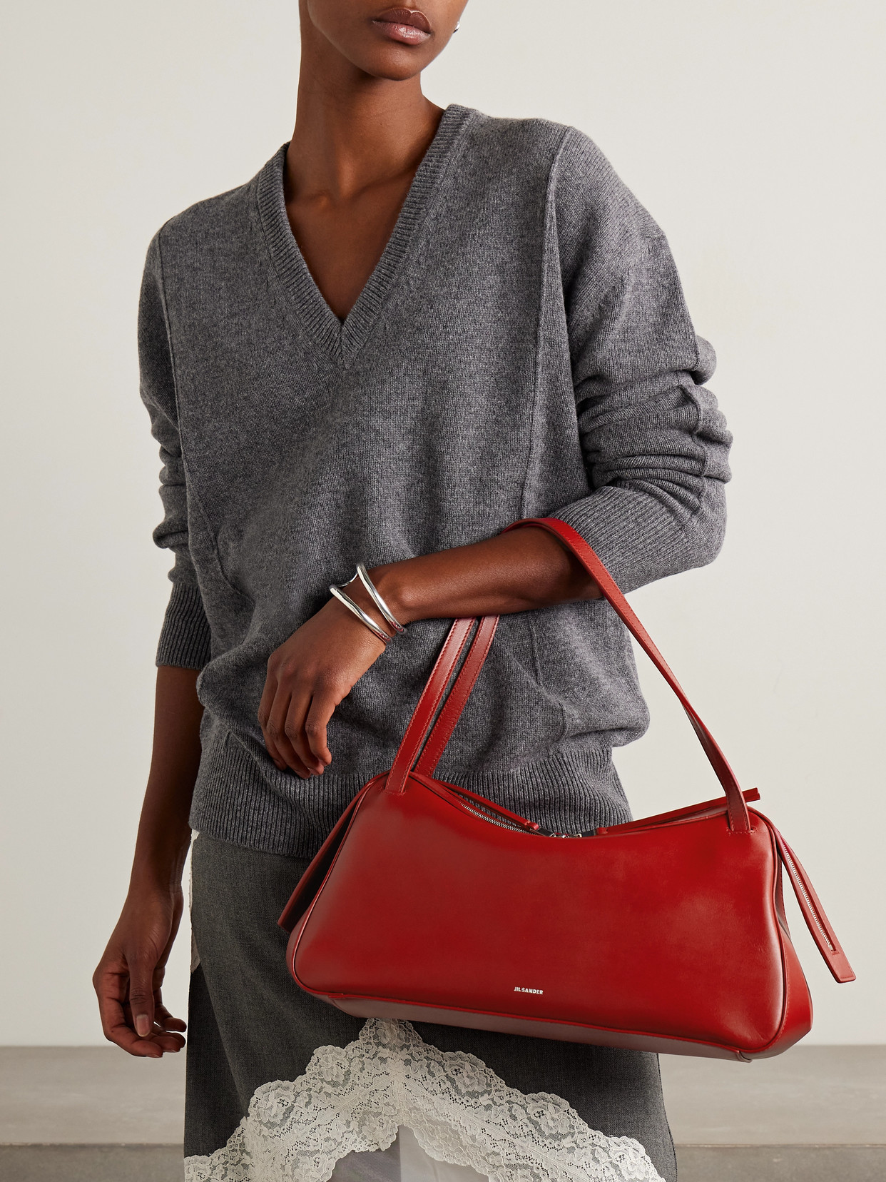 Jil Sander Dune Leather Shoulder Bag In Red