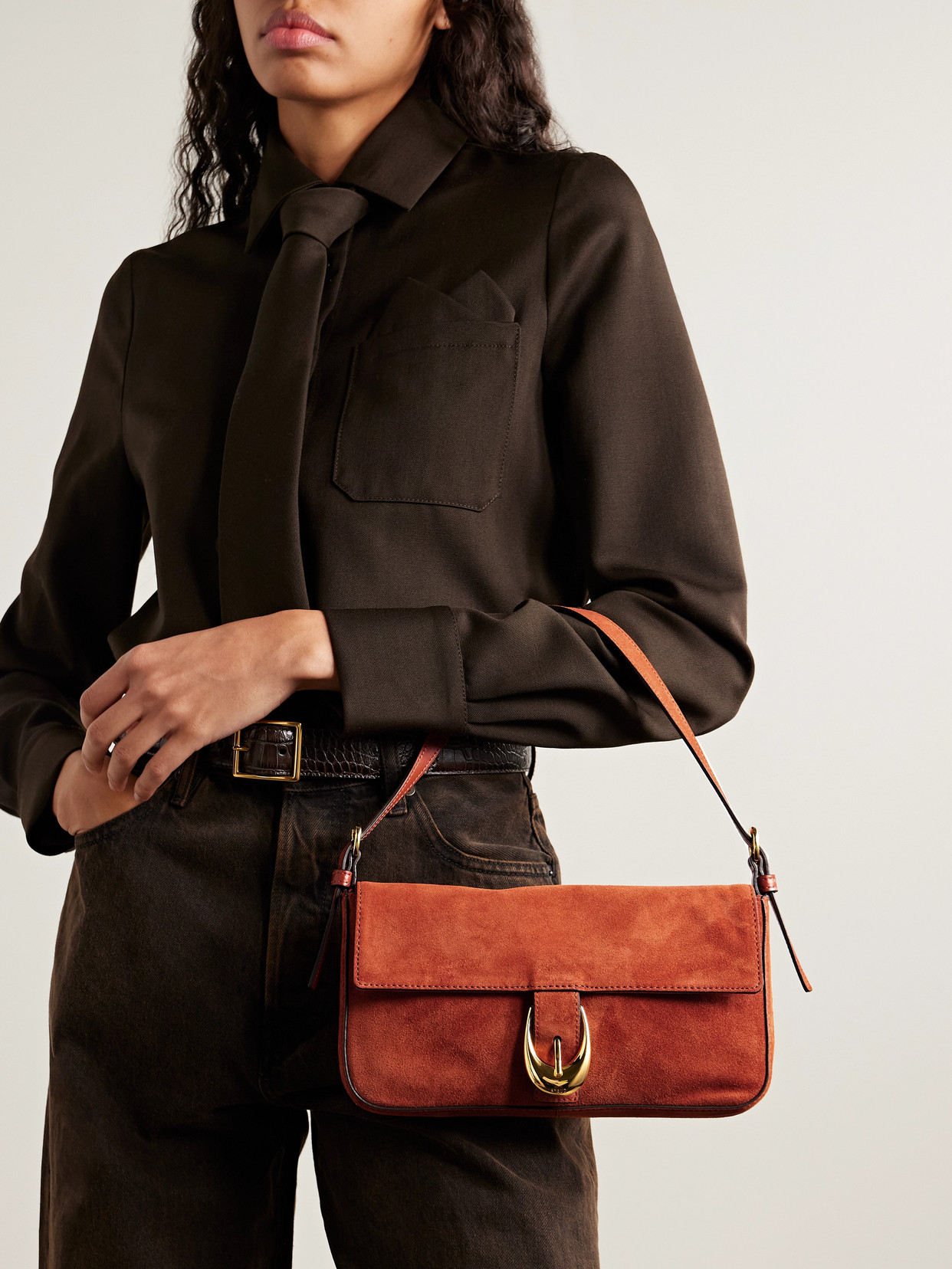 Staud Harlow Buckled Suede Shoulder Bag In Red