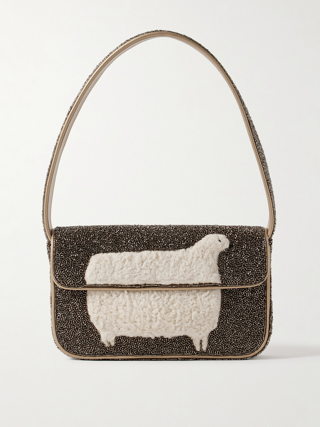 Staud Tommy Fleece-trimmed Beaded Satin Shoulder Bag In Gray