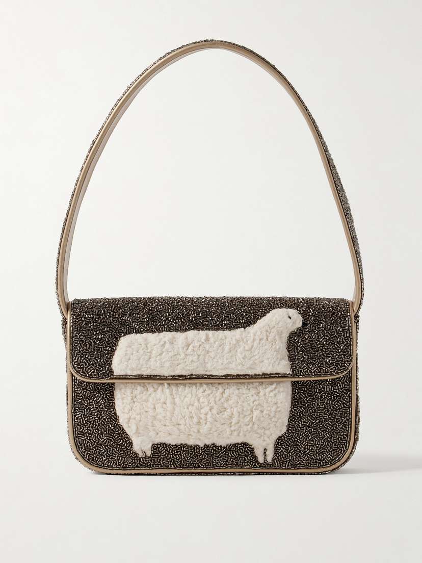 Staud Tommy Fleece-trimmed Beaded Satin Shoulder Bag