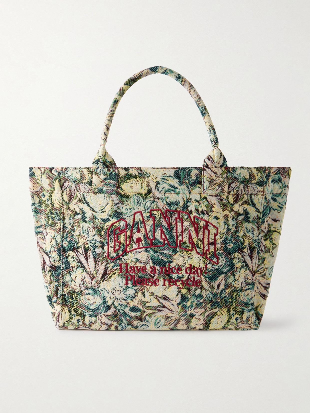 Ganni Shopper Xxl Reversible Embroidered Jacquard Tote In Green
