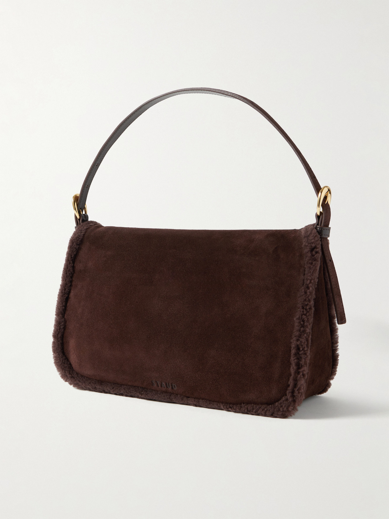 Staud Harlow Medium Buckled Shearling Shoulder Bag In Brown