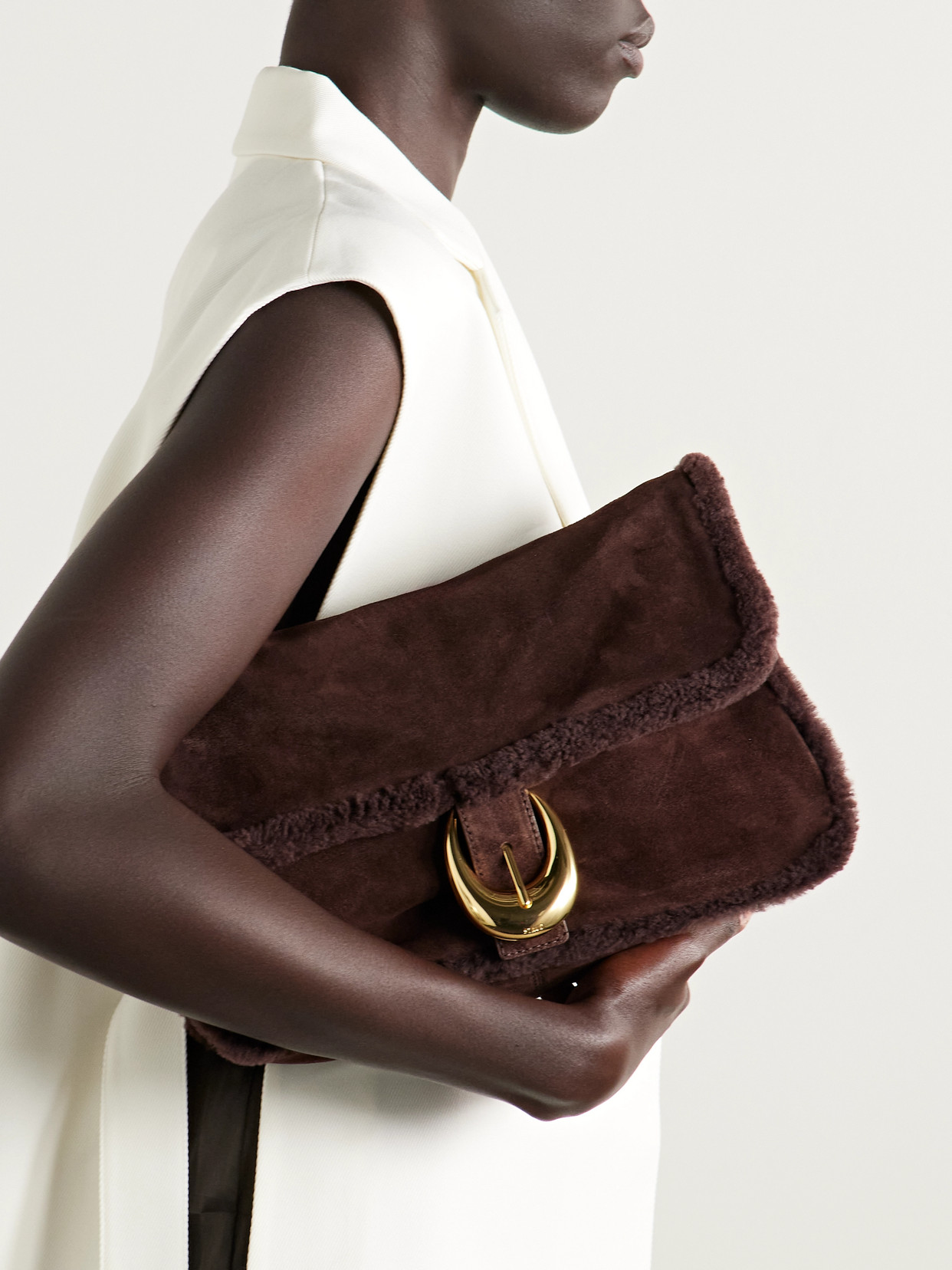 Staud Harlow Medium Buckled Shearling Shoulder Bag In Brown