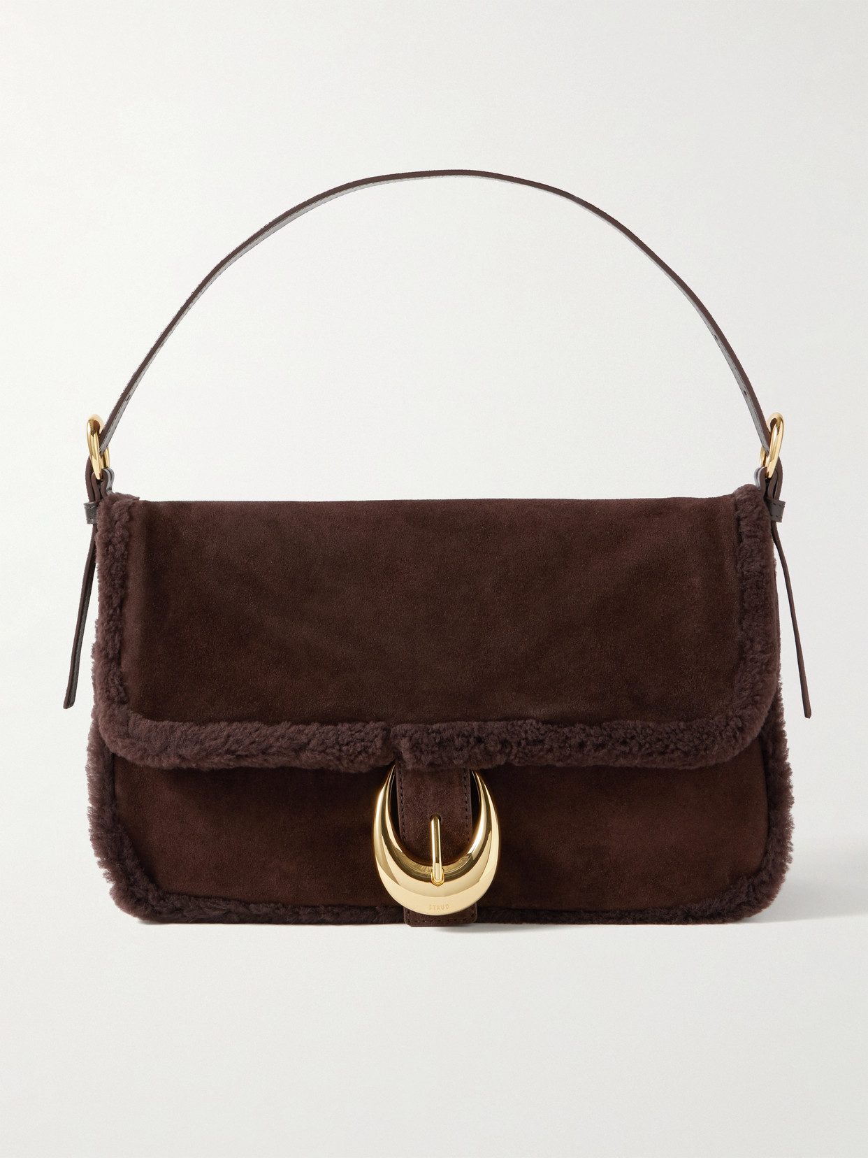 Staud Harlow Medium Buckled Shearling Shoulder Bag In Brown