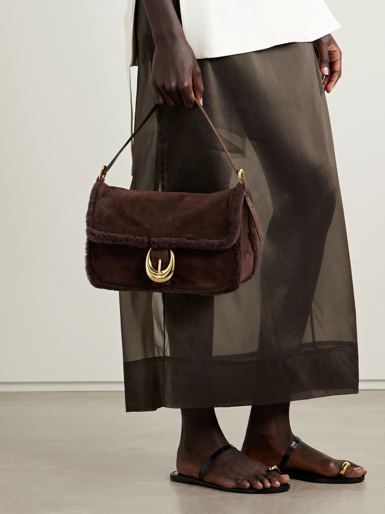 Staud Harlow Medium Buckled Shearling Shoulder Bag In Brown