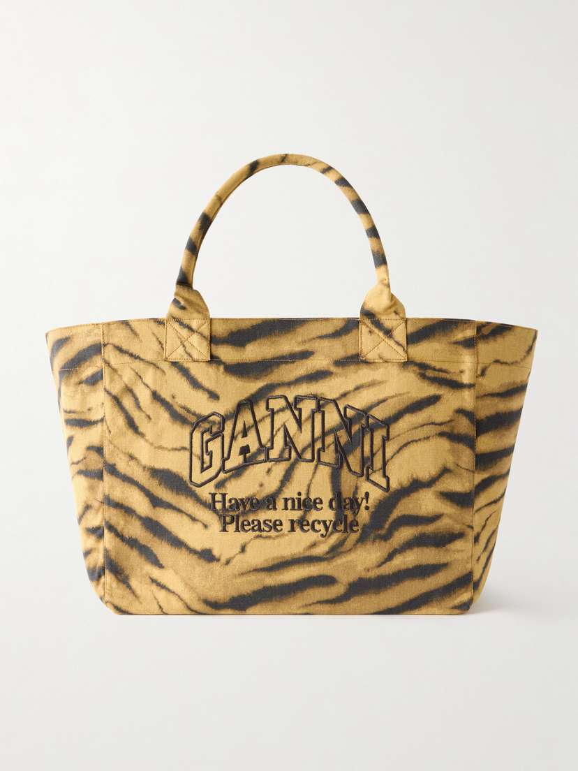 Ganni Shopper Xxl Embroidered Zebra-print Cotton-canvas Tote