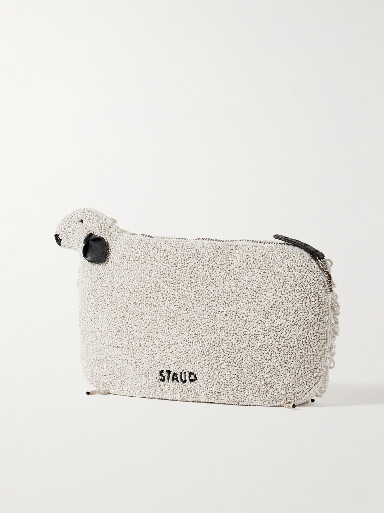 Staud Prairie Leather-trimmed Beaded Satin Clutch In White