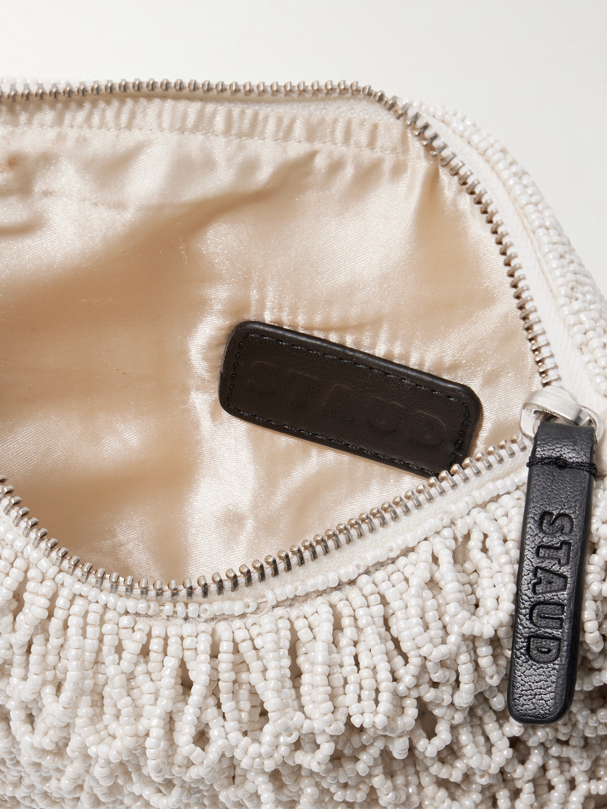 Staud Prairie Leather-trimmed Beaded Satin Clutch In White