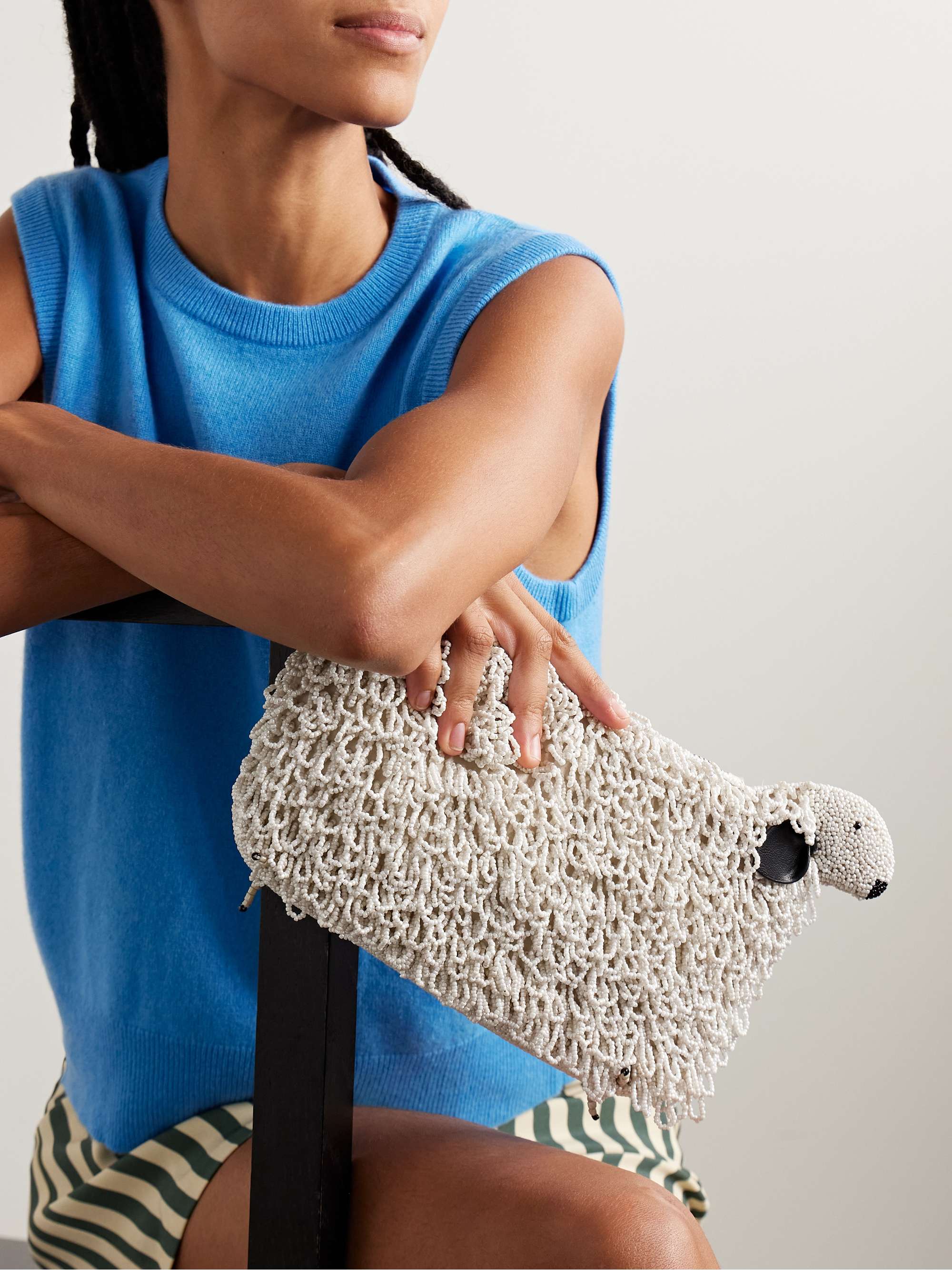 Prairie leather-trimmed beaded satin clutch - white - One Size