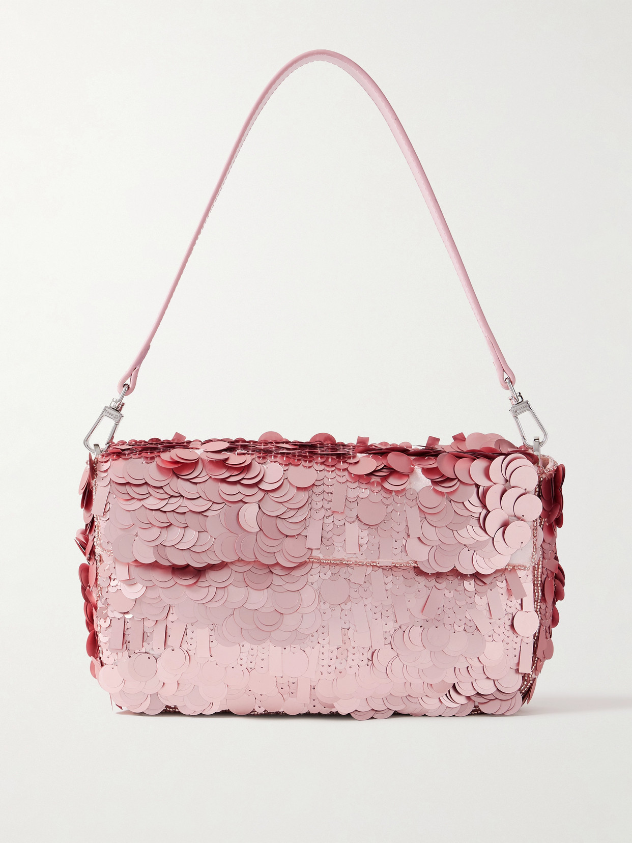 Staud Timmy Leather-trimmed Sequined Satin Shoulder Bag In Pink