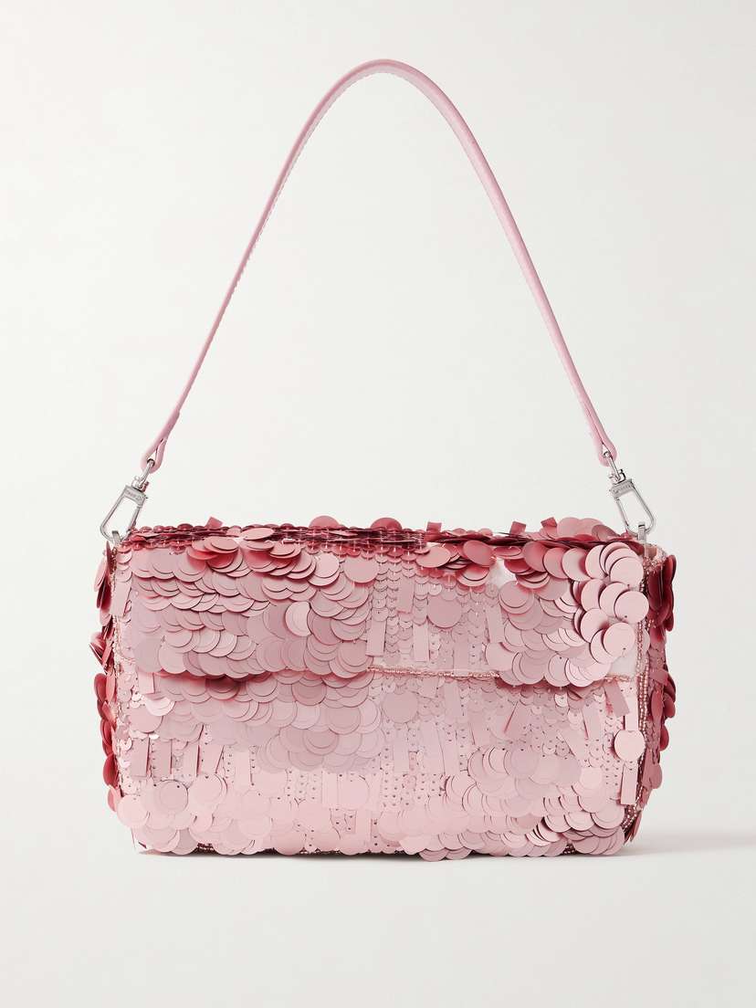 Staud Timmy Leather-trimmed Sequined Satin Shoulder Bag