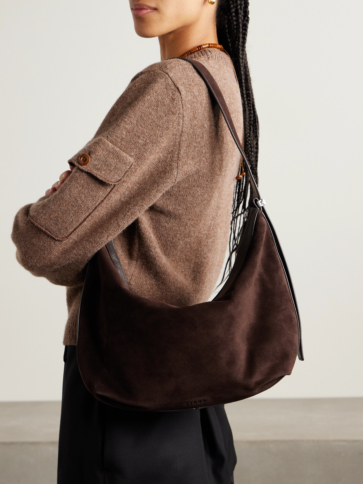 Staud Demy Large Leather-trimmed Suede Shoulder Bag In Brown
