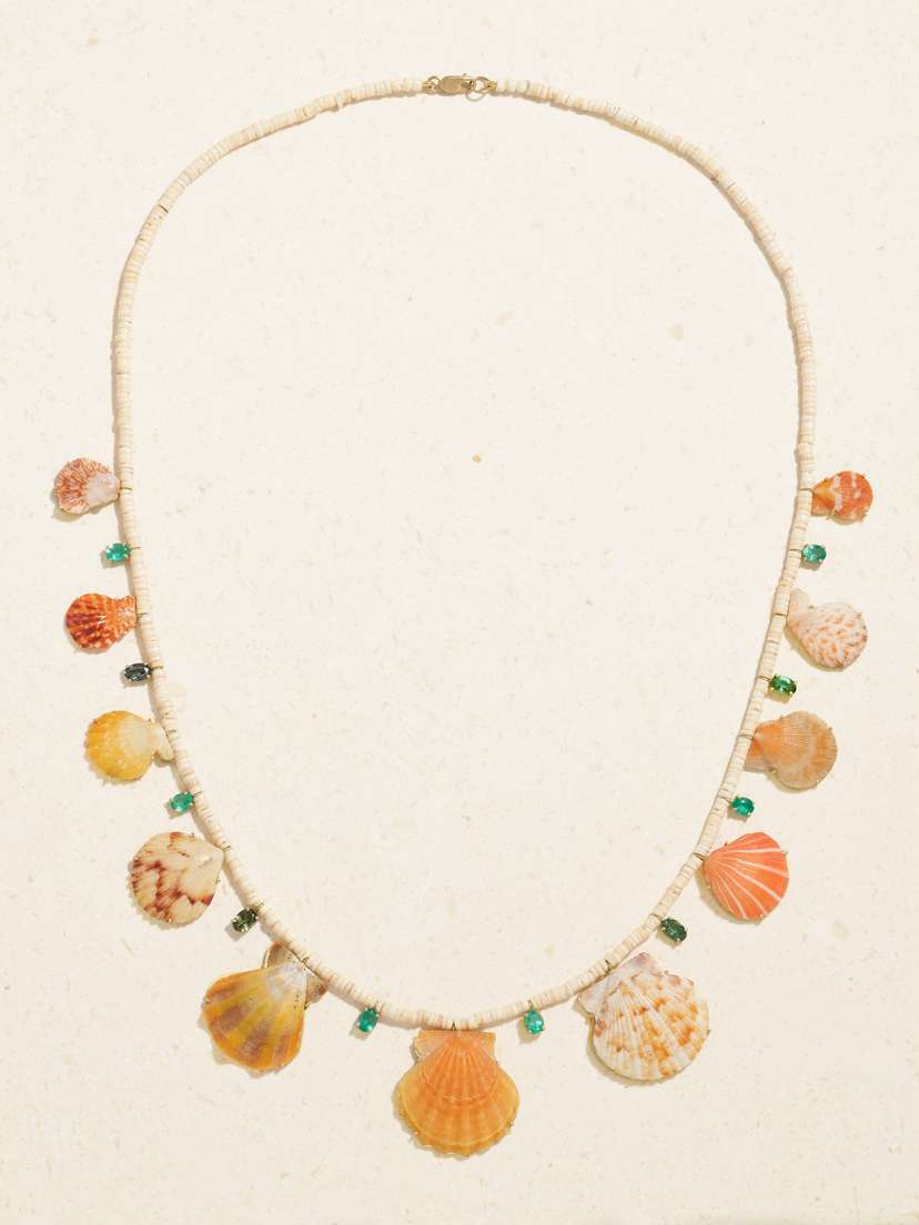 Marisa Klass 18-karat Gold Shell, Emerald And Tourmaline Necklace