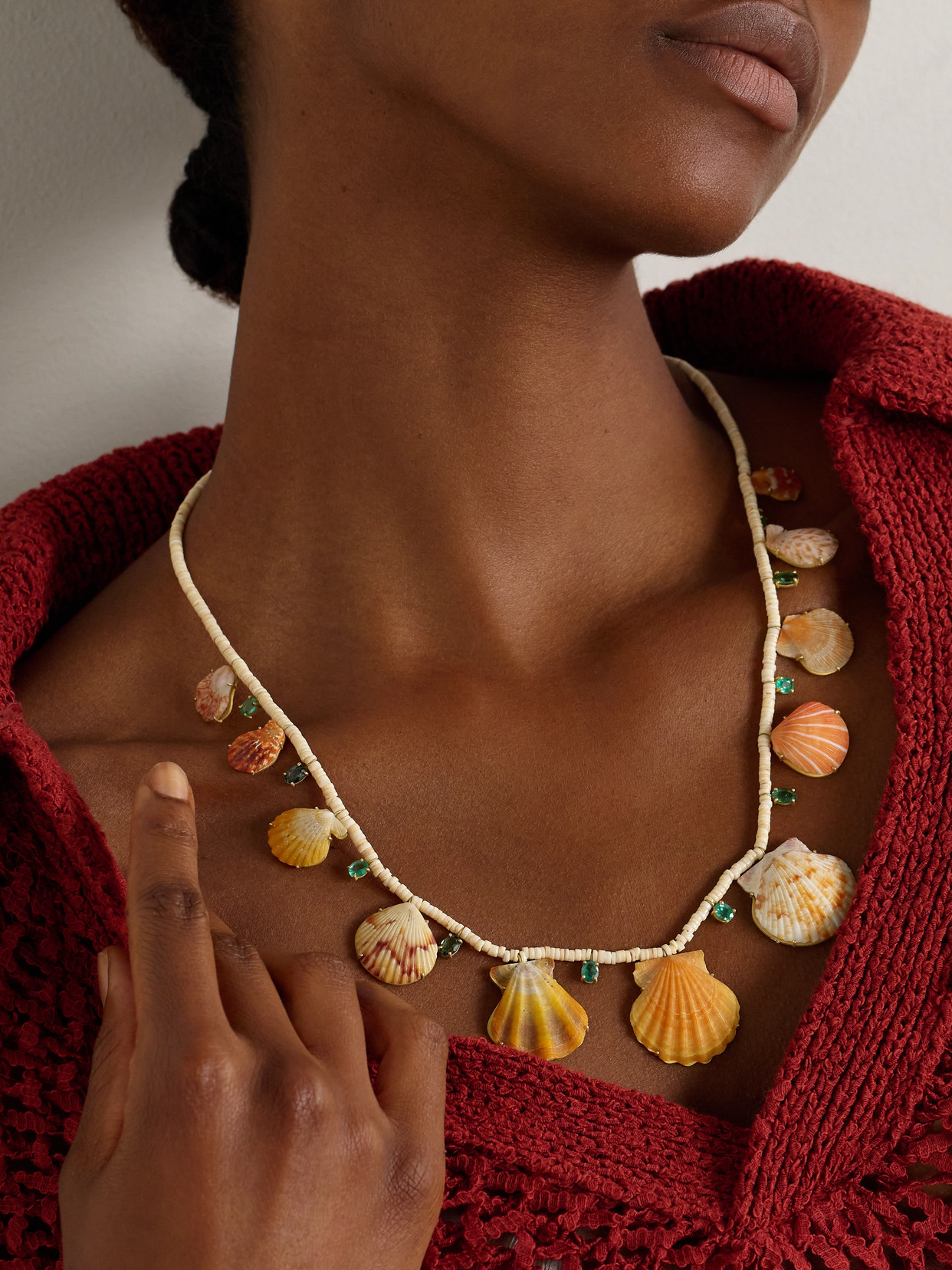 Marisa Klass 18-karat Gold Shell, Emerald And Tourmaline Necklace In Orange