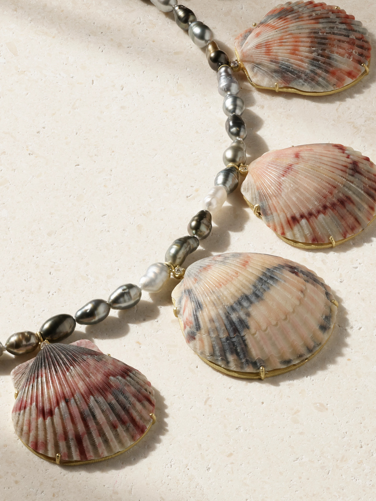 Marisa Klass 18-karat Gold, Pearl, Shell And Diamond Necklace In Brown
