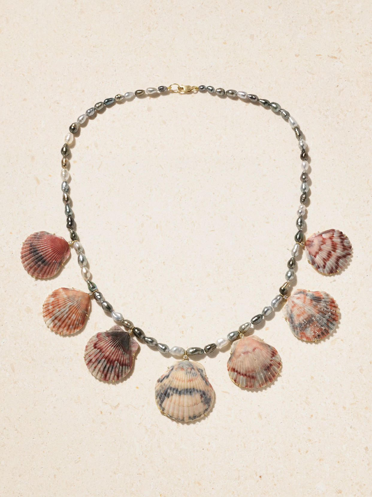 Marisa Klass 18-karat Gold, Pearl, Shell And Diamond Necklace In Brown